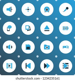Media icons colored set with gallery, projector, sd card and other broadcast elements. Isolated vector illustration media icons.