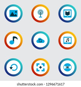 Media icons colored set with learning, replay, broadcast and other e-reader elements. Isolated vector illustration media icons.