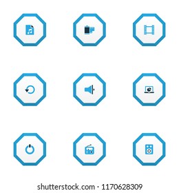 Media icons colored set with loudspeaker, amplifier, film and other bullhorn elements. Isolated vector illustration media icons.