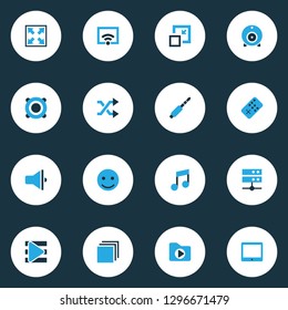 Media icons colored set with minimize, tablet, widen and other signal elements. Isolated vector illustration media icons.