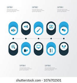 Media icons colored set with pause, magnifier, jack and other tablet elements. Isolated vector illustration media icons.