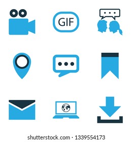 Media icons colored set with pinpoint, down arrow, laptop and other video conversation elements. Isolated vector illustration media icons.