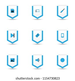 Media icons colored set with remote, jack, smartphone and other devices elements. Isolated vector illustration media icons.