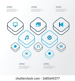 Media icons colored set with setting, wifi, backward and other gear elements. Isolated vector illustration media icons.