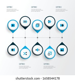 Media icons colored set with shuffle, next, megaphone and other communication antenna elements. Isolated vector illustration media icons.