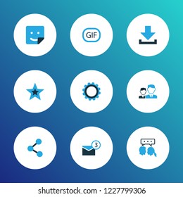 Media icons colored set with smile, down arrow, inbox and other cogwheel elements. Isolated vector illustration media icons.