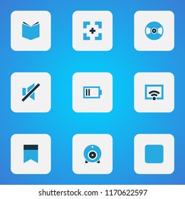 Media icons colored set with web cam, bookmark, wifi and other signal elements. Isolated vector illustration media icons.
