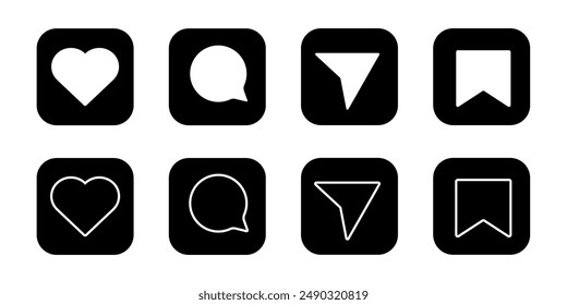 Media Icons interface social media like, chat, send and save symbols. Minimal ig set. Like notification, comment notification, follower notification social media