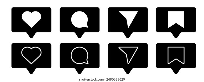 Media Icons interface social media like, chat, send and save symbols. Minimal ig set. Like notification, comment notification, follower notification social media