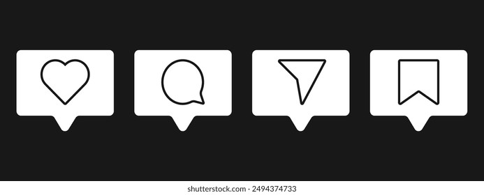Media Icons interface social media like, chat, send and save symbols. Minimal ig set. Like notification, comment notification, follower notification social media
