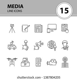 Media icons. Line icons collection on white background. Megaphone, satellite, news app. Mass media concept. Vector illustration can be used for topic like television, news, information