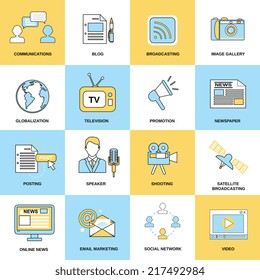Media icons line flat of communications blog broadcasting isolated vector illustration