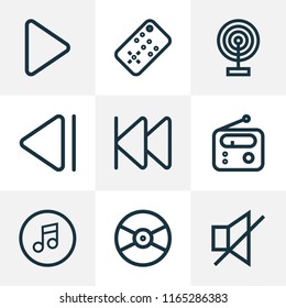 Media icons line style set with play, slow backward, quarter and other rewind elements. Isolated vector illustration media icons.