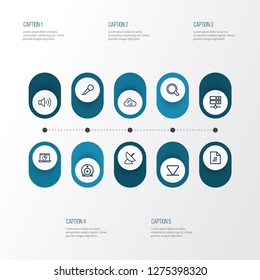 Media icons line style set with search, communication antenna, karaoke and other microphone elements. Isolated vector illustration media icons.