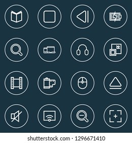 Media icons line style set with slow backward, textbook, zoom out and other devices elements. Isolated vector illustration media icons.