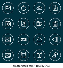 Media icons line style set with start, picture, image and other file elements. Isolated vector illustration media icons.