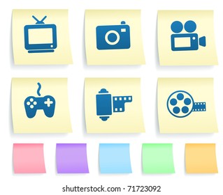 Media Icons on Post It Note Paper Collection Original Illustration