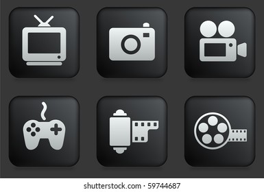 Media Icons on Square Black Button Collection Original Illustration