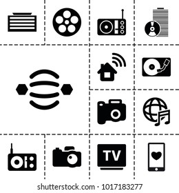 Media icons. set of 13 editable filled media icons such as business center building, camera, home connection, atom interaction, radio, tv, international music, camera tape
