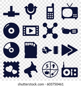 Media icons set. set of 16 media filled icons such as phone, photo with heart, volume, fast forward, microphone, disc, memory card, CD, radio, marketing, share, smart glasses