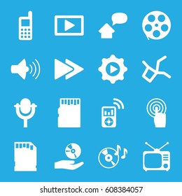 Media icons set. set of 16 media filled icons such as phone, disc on fire, volume, Tv, touchscreen, fast forward, microphone, play in gear, CD on hand, memory card, play