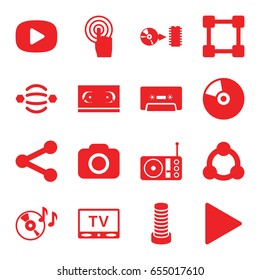 Media icons set. set of 16 media filled icons such as business center building, disc on fire, touchscreen, cassette, play, radio, disc, camera, tv, connection, cd