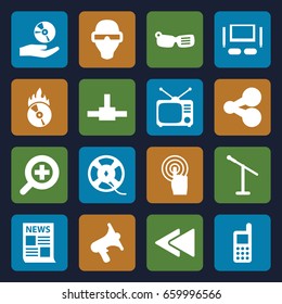 Media icons set. set of 16 media filled icons such as phone, volume, tv, touchscreen, film tape, play back, cd fire, cd on hand, zoom in, tv set, man in smart glasses