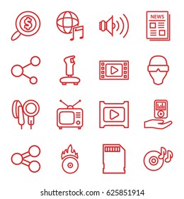 Media icons set. set of 16 media outline icons such as disc on fire, news, Tv, share, mp3 player on hand, international music, CD fire, microphone, play, volume, memory card