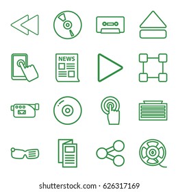 Media icons set. set of 16 media outline icons such as business center building, news, camera, touchscreen, CD, cassette, film tape, play, eject button, play back