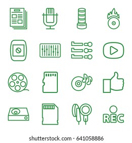 Media icons set. set of 16 media outline icons such as business center building, disc on fire, dvd player, rec, slider, cd fire, microphone, camera display, memory card, play