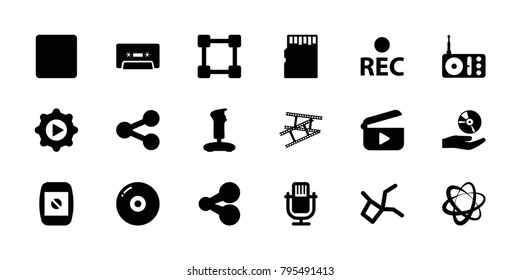 Media icons. set of 18 editable filled media icons: share, disc, joystick, microphone, radio, rec, cassette, stop, play in gear, cd on hand, network connection, camera display