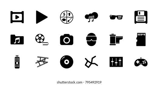 Media icons. set of 18 editable filled media icons: disc, marketing, diskette, play, sliders, music folder, music cloud, network connection, camera, camera tape, memory card