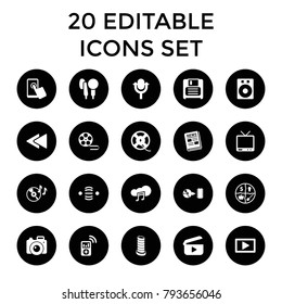 Media icons. set of 20 editable filled media icons such as speaker, touchscreen, marketing, disc on fire, tv, diskette, film tape. best quality media elements in trendy style.