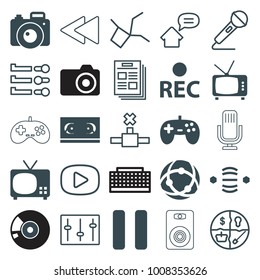 Media icons. set of 25 editable filled and outline media icons such as joystick, tv, film tape, rec, pause, network connection, camera, newspaper, marketing, play back