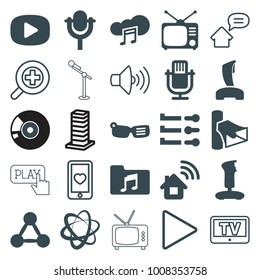 Media icons. set of 25 editable filled and outline media icons such as joystick, microphone, home connection, smart glasses, volume, tv, music folder, music cloud