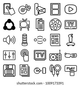 Media icons. set of 25 editable outline media icons such as connection, business center building, finger pressing play button, news, joystick, movie tape, tv, smart glasses