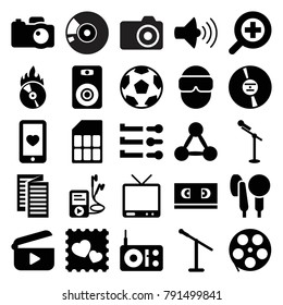 Media icons. set of 25 editable filled media icons such as movie tape, microphone, heart mobile, photo with heart, radio, volume, tv, cd, mp3 player, cd fire, slider