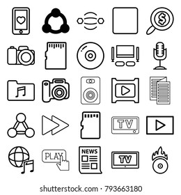 Media icons. set of 25 editable outline media icons such as connection, disc, camera, news, atom interaction, heart mobile, stop, fast forward, microphone, music folder
