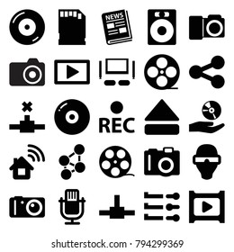 Media icons. set of 25 editable filled media icons such as camera, disc, speaker, microphone, camera tape, home connection, man in smart glasses, share, movie tape