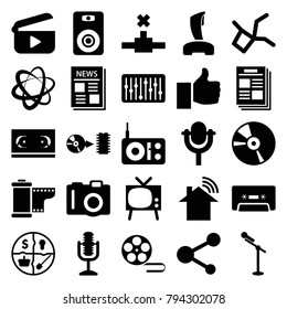 Media icons. set of 25 editable filled media icons such as camera, film tape, tv, thumb up, newspaper, radio, marketing, news, share, cd, cassette, microphone, slider, disc