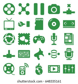 Media icons set. set of 25 media filled icons such as photo with heart, movie tape, volume, tv, film tape, pause, sliders, microphone, slider, cd fire, disc, camera