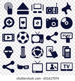 Media icons set. set of 25 media filled icons such as tv, business center building, finger pressing play button, news, heart mobile, volume, touchscreen, share, eject button
