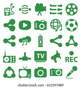 Media icons set. set of 25 media filled icons such as camera, radio, volume, tv, rec, microphone, mp3 player, music cloud, international music, remote control, connection