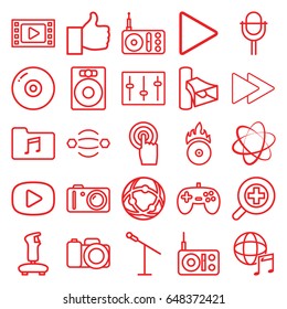 Media icons set. set of 25 media outline icons such as radio, volume, touchscreen, play, fast forward, sliders, microphone, music folder, international music, cd fire, camera