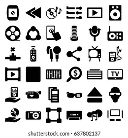 Media icons set. set of 36 media filled icons such as tv, business center building, news, movie tape, disc on fire, camera, share, cassette, stop, eject button, play back