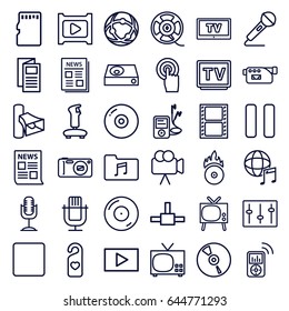 Media icons set. set of 36 media outline icons such as news, heart tag, movie tape, disc on fire, volume, camera, tv, touchscreen, dvd player, cd, film tape, pause, stop