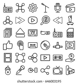 Media icons set. set of 36 media outline icons such as movie tape, radio, volume, touchscreen, share, cassette, eject button, fast forward, play back, microphone, cd fire