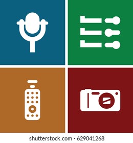 Media icons set. set of 4 media filled icons such as microphone, camera, remote control