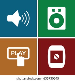 Media icons set. set of 4 media filled icons such as finger pressing play button, volume, camera display