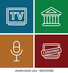 Media icons set. Set of 4 Media outline icons such as microphone, TV, bank